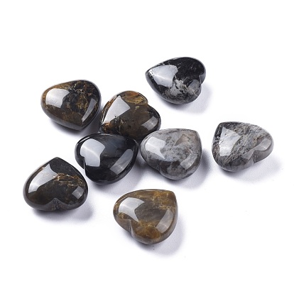Natural Black Silver Leaf Jasper Heart Love Stone, Pocket Palm Stone for Reiki Balancing