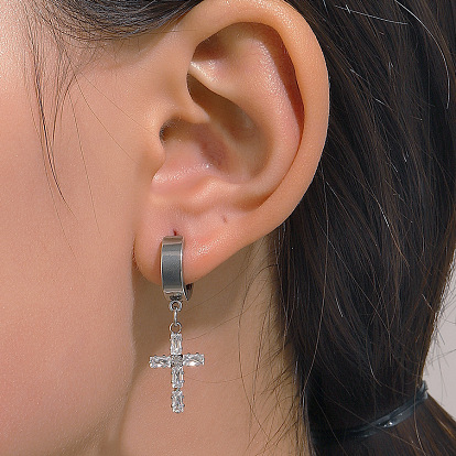 Stylish Stainless Steel Cross Ear Cuff for Men and Women - Hip Hop Fake Earring with Zirconia Gemstone