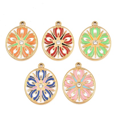 304 Colgantes de acero inoxidable y esmalte, ovalada con flores, con diamante de imitación, real 18 k chapado en oro, revestimiento de iones (ip), larga duración plateado