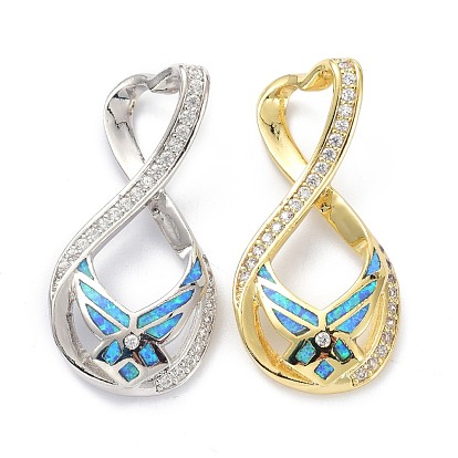 Eco-friendly Brass Micro Pave Clear Cubic Zirconia Pendants, with Synthetic Opal, Long-Lasting Plated, Twisted, Teardrop with Butterfly