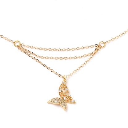 Brass Micro Pave Clear Cubic Zirconia Pendant Necklace, with 304 Stainless Steel Lobster Claw Clasps, Butterfly
