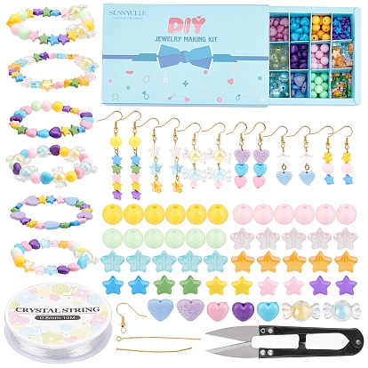 DIY Dangle Earring & Bracelet Making Kits, 236Pcs Star & Heart Acrylic & Plastic Beads, Brass Pin and Earring Hooks, Sharp Steel Scissors