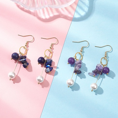 2 пары серег-подвесок с натуральным аметистом и лазуритом, с 304 нержавеющей стали серьги крючки