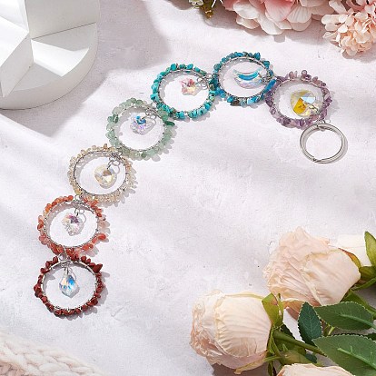 Проволочная чакра натуральный драгоценный камень чипсы кольцо подвесные украшения, Стеклянные ловцы солнца с кисточками для украшения сада на открытом воздухе