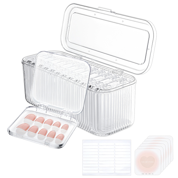 Пластиковый контейнер для хранения накладных ногтей, с помощью двусторонней клейкой ленты из смолы и квадратных бумажных карточек с узором в виде сердечек.