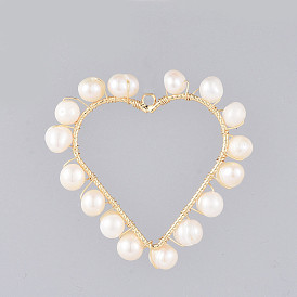 Natural Cultured Freshwater Pearl Pendants, Wire Wrapped Pendants, with Alloy Findings, Heart