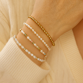 4Штатные элегантные эластичные браслеты с имитацией жемчужных бусин для женщин, круглые, с латунным