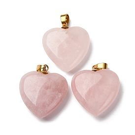 Природного розового кварца подвески, подвески-сердечки с 201 защелками из нержавеющей стали, золотые, ионное покрытие (ip)