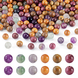 195шт. 6 стили, наборы круглых натуральных фиолетовых флюоритовых и деревянных бусин