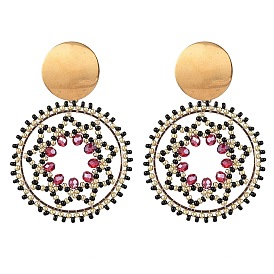 Boucles d'oreilles pendantes en perles de verre, boucles d'oreilles rondes plates avec motif étoile de David, or