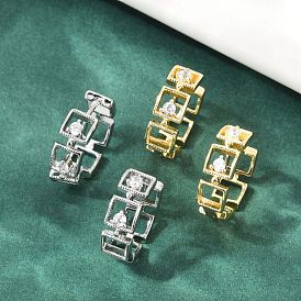 Серьги-кольца из латуни с прозрачным кубическим цирконием, квадратный