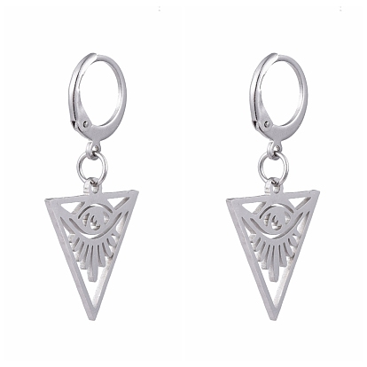 304 Stainless Steel Leverback Earrings, with 201 Stainless Steel Pendants, Triangle with Eye, All Seeing Eye