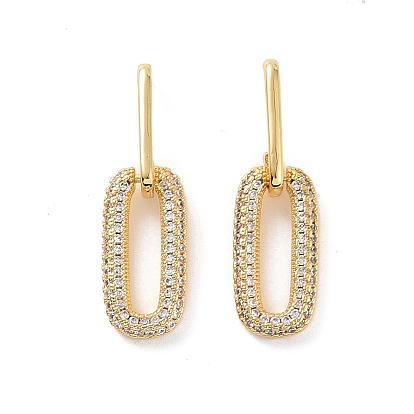 Clear Cubic Zirconia Hollow Out Oval Dangle Stud Earrings, Brass Jewelry for Women