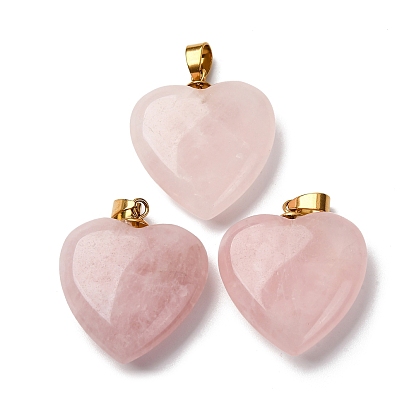 Природного розового кварца подвески, подвески-сердечки с 201 защелками из нержавеющей стали, золотые, ионное покрытие (ip)