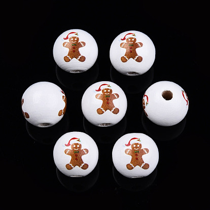 Painted Natural Wood Beads, Christmas Style, Round with Gingerbread Man Pattern