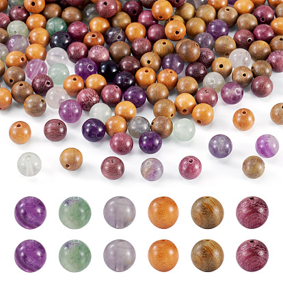 195шт. 6 стили, наборы круглых натуральных фиолетовых флюоритовых и деревянных бусин