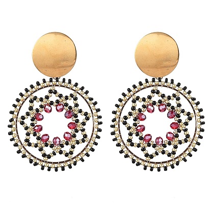 Серьги-гвоздики из стеклянного бисера, плоские круглые серьги с узором «звезда Давида», золотые