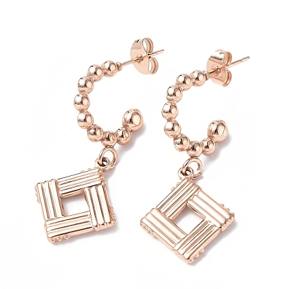 304 Stainless Steel Rhombus Dangle Stud Earrings, Half Hoop Earrings for Women, Ion Plating(IP)