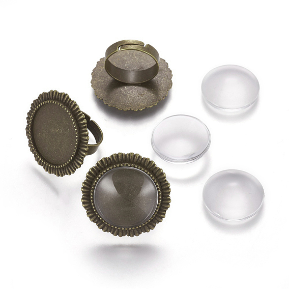 Diy Ring machen, Vintage verstellbare Eisenringkomponenten, mit Klarglas Cabochons, Flachrund