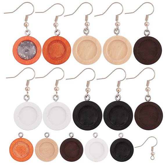DIY Earring Making Kits, including Wooden Pendant Cabochon Settings and Brass Earring Hooks, Flat Round