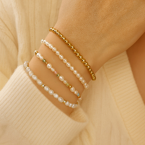 4Штатные элегантные эластичные браслеты с имитацией жемчужных бусин для женщин, круглые, с латунным