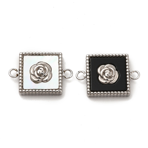 Vacuum Plating 304 Stainless Steel Connector Charms, with Black Acrylic & Shell, Square Links with Rose