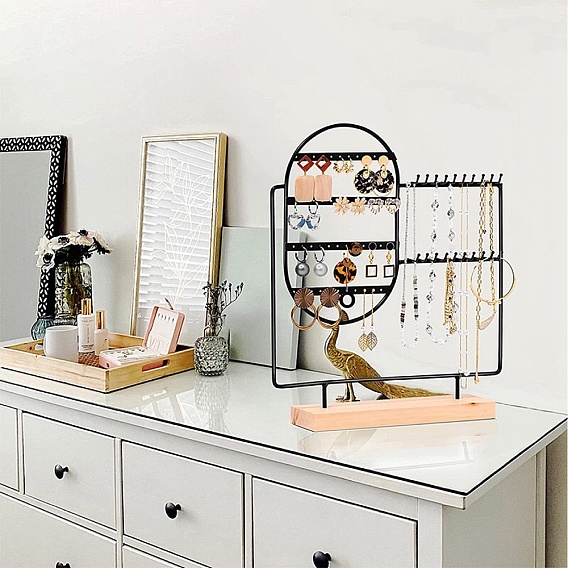 Подставки для ювелирных изделий из углеродистой стали с деревянным основанием, настольный органайзер для ювелирных изделий для ожерелий, Серьги, хранение браслетов