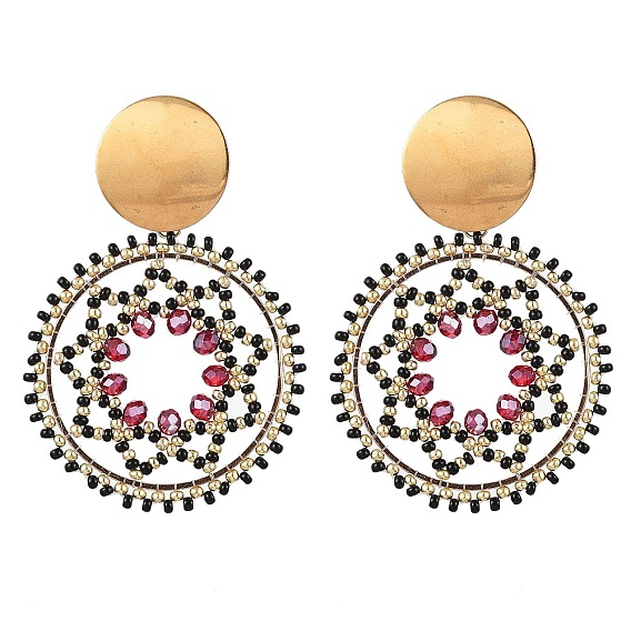 Серьги-гвоздики из стеклянного бисера, плоские круглые серьги с узором «звезда Давида», золотые