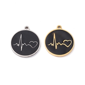 Ion Plating(IP) 304 Stainless Steel Enamel Pendants, Manual Polishing, Flat Round with Heartbeat