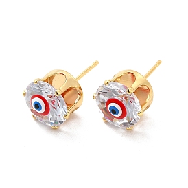 Glass Flat Round with Enamel Evil Eye Stud Earrings, Real 18K Gold Plated Brass Jewelry for Women