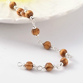 Brass Handmade Wood Beaded Chains, Unwelded, with Iron Beads, For Necklaces Bracelets Making, 39.3 inch