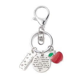 Red Apple Ruler Alloy Charm Keychain, Flat Round with Word Keychain for Teacher's Day Gifts
