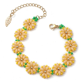 Glass Seed Beads Bracelets, with Alloy Leaf Link, Daisy