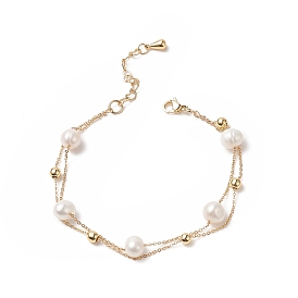 Natural Pearl Beaded Double Layer Multi-strand Bracelet, Brass Jewelry for Women