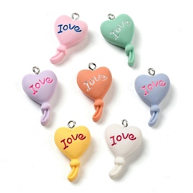 Opaque Resin Pendants, Heart Balloon Charms with Platinum Plated Iron Loops