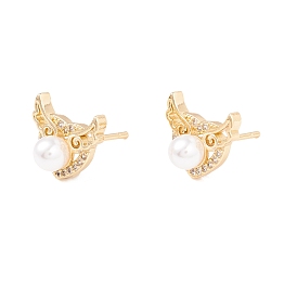 Cubic Zirconia Heart Wing Stud Earrings with Acrylic Pearl, Brass Jewelry for Women, Lead Free & Cadmium Free