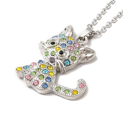Alloy Rhinestone Cat Pandant Necklace with Cable Chains, Stainless Steel Jewelry for Women