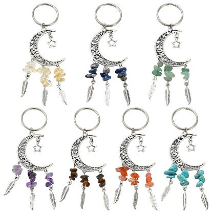 7 piezas 7 llaveros colgantes de aleación de colores con forma de luna y estrella, con borla de chips de piedras preciosas, con llaveros de hierro.