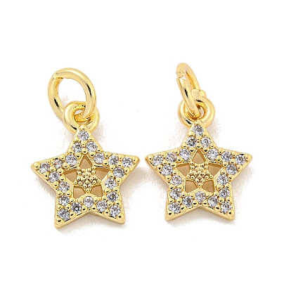 Brass Micro Pave Clear Cubic Zirconia Charms, Cadmium Free & Nickel Free & Lead Free, Star