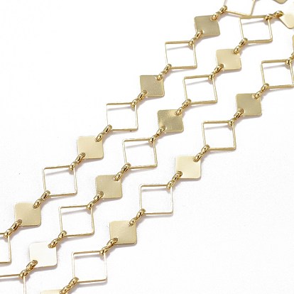Handmade Brass Rhombus Link Chains, with Spool, Long-lasting Plated, Unwelded