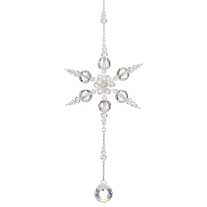 Glass Snowflake Pendant Decorations, Round Tassel Charms for Garden Home Decoration