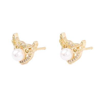 Cubic Zirconia Heart Wing Stud Earrings with Acrylic Pearl, Brass Jewelry for Women, Lead Free & Cadmium Free