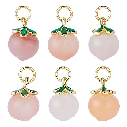 6Pcs Natural Agate Peach Charms, with Golden Tone Brass Green Enamel Findings, Pale Violet Red