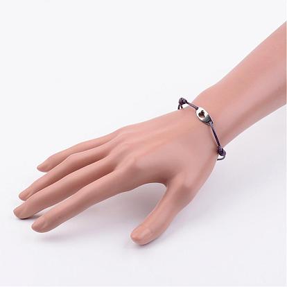 Korean Waxed Polyester Cords Bracelets, with Curved Oval and Heart 304 Stainless Steel Links