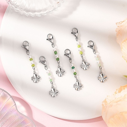 6 шт. 6 Цвета клевера латунные подвесные украшения, с бусинами из ракушек и стеклянными бусинами, 304 нержавеющая сталь застежка когтя омара