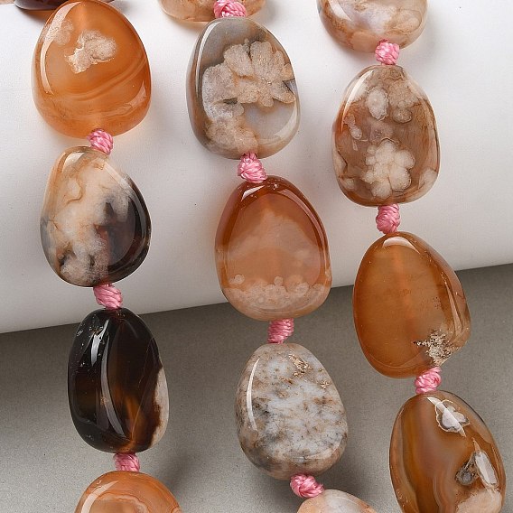 Brins de perles d'agate de fleur de cerisier naturel, larme plat