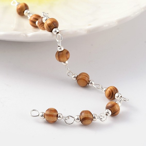 Brass Handmade Wood Beaded Chains, Unwelded, with Iron Beads, For Necklaces Bracelets Making, 39.3 inch