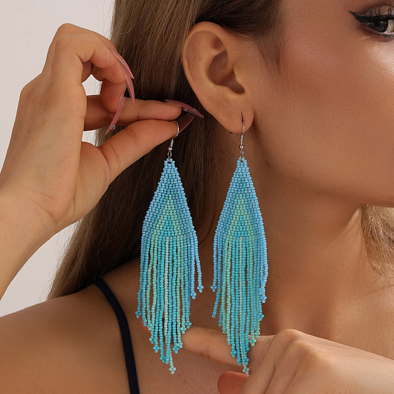 Серьги-кисточки из стеклянного бисера ручной работы, С 304 результатами из нержавеющей стали, стрелка шаблон, платина