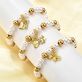 Латунь браслеты простирания, с латунными подвесками из микропаве из прозрачного кубического циркония и пластиковыми бусинами с имитацией жемчуга и ионным покрытием (IP) 304 бусины из нержавеющей стали, стойки покрытие, золотые