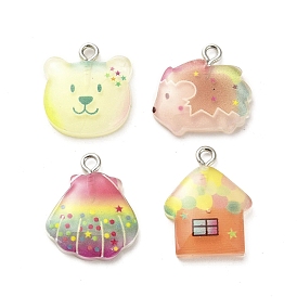 Bear/Hedgehog/Shell Shape/House Translucent Resin Pendants, Animals Charms with Platinum Plated Iron Loops